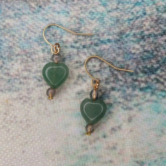 Handmade Green Adventurine Heart Moss Agate Dangle Earrings - Picture 4 of 5